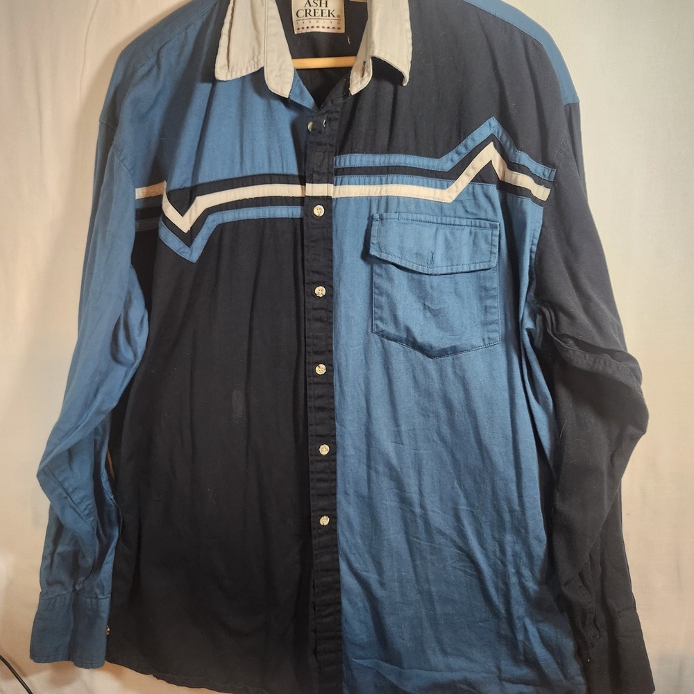 Ash Creek Trading Mens Large Blue Colorblock Western Long Sleeve Cotton Shirt